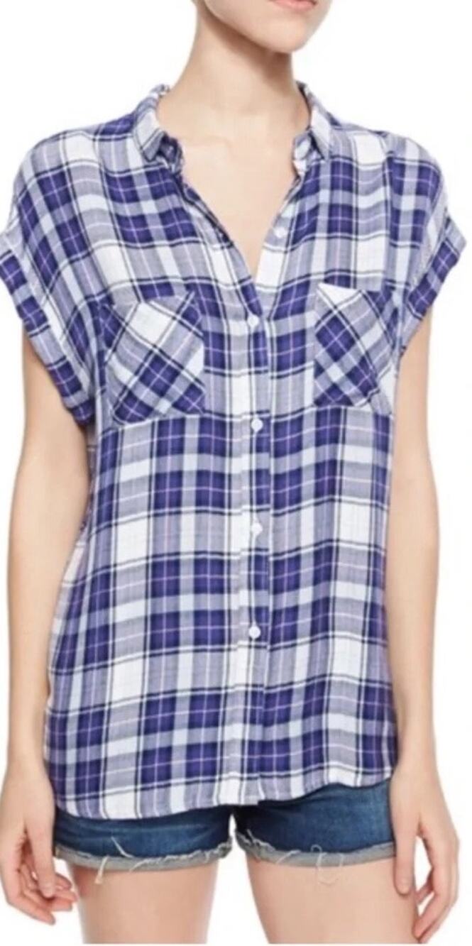 Rails Britt Plaid Cap Sleeve Button Down Shirt Rayon Red White Blue Medium M